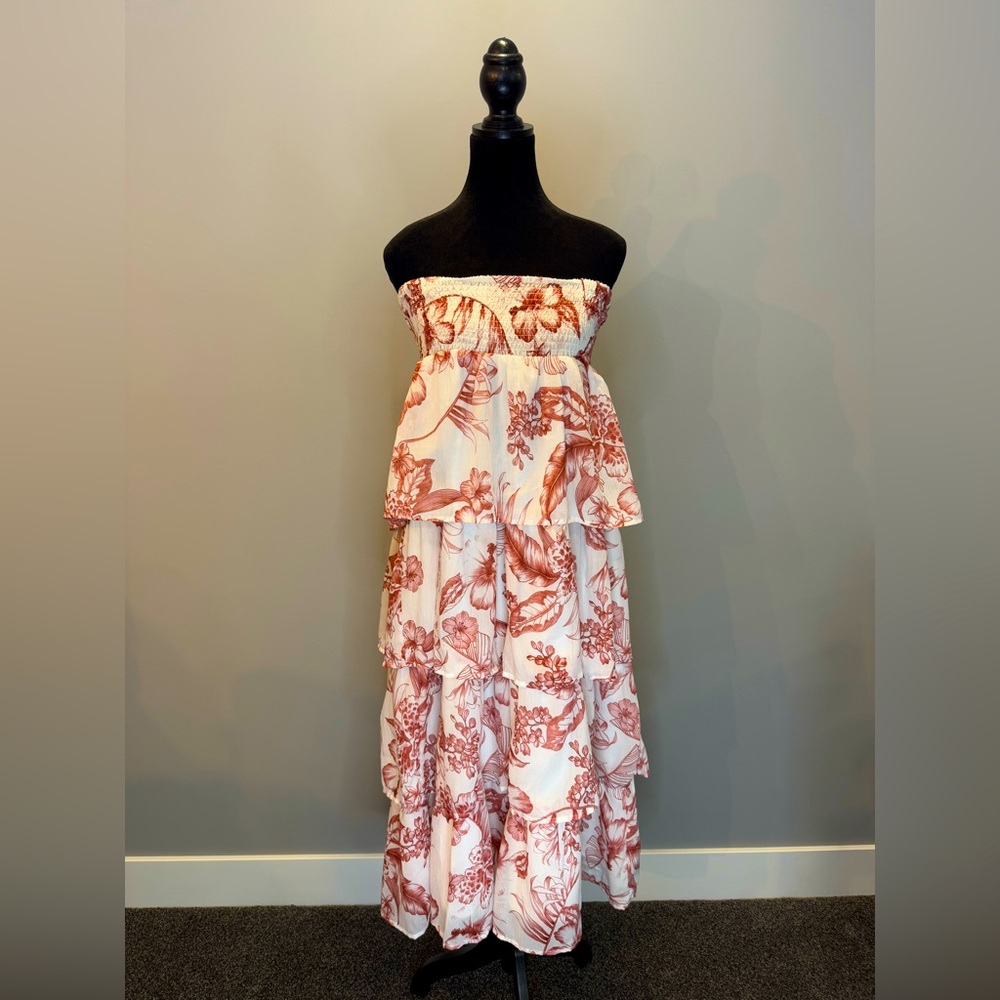 Red White Toile Ruffled Tiered Skirt Maxi Dress Strapless L Large